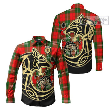 Gartshore Tartan Long Sleeve Button Shirt with Family Crest Celtic Wolf Style