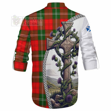 Gartshore Tartan Ghillie Kilt Shirt with Family Crest and St. Andrew's Cross Accented by Thistle Vines