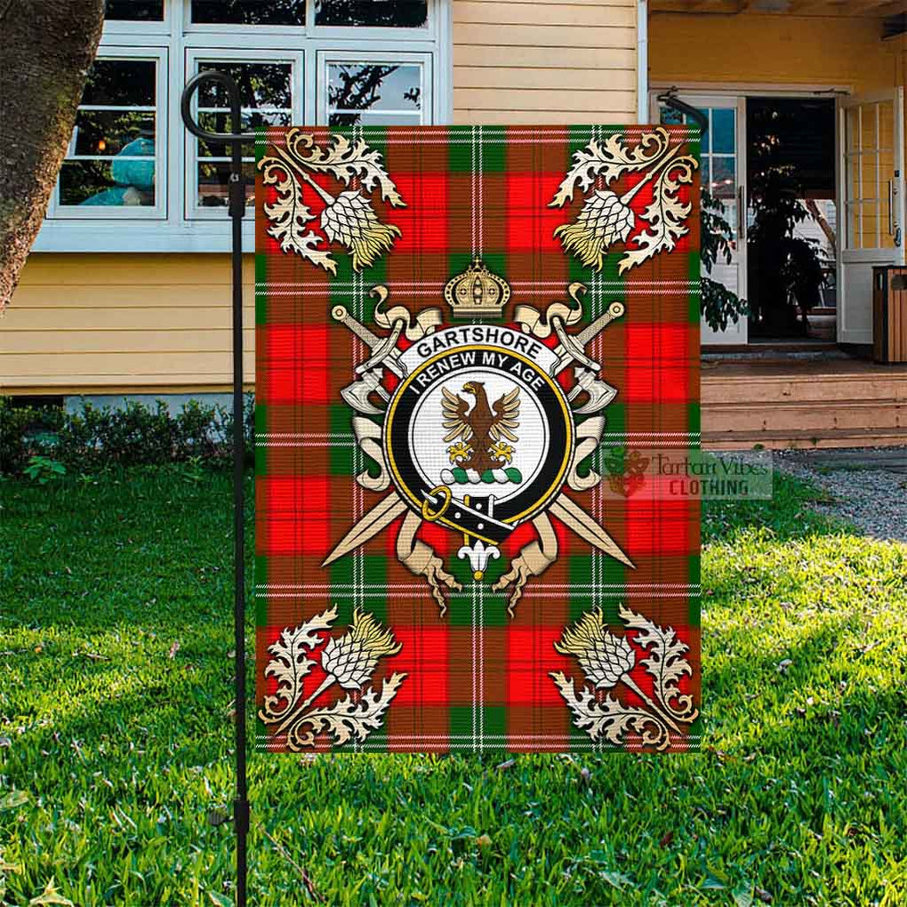 Tartan Vibes Clothing Gartshore Tartan Flag with Family Crest and Golden Thistle Crossed Sword Design