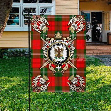 Gartshore Tartan Flag with Family Crest and Golden Thistle Crossed Sword Design