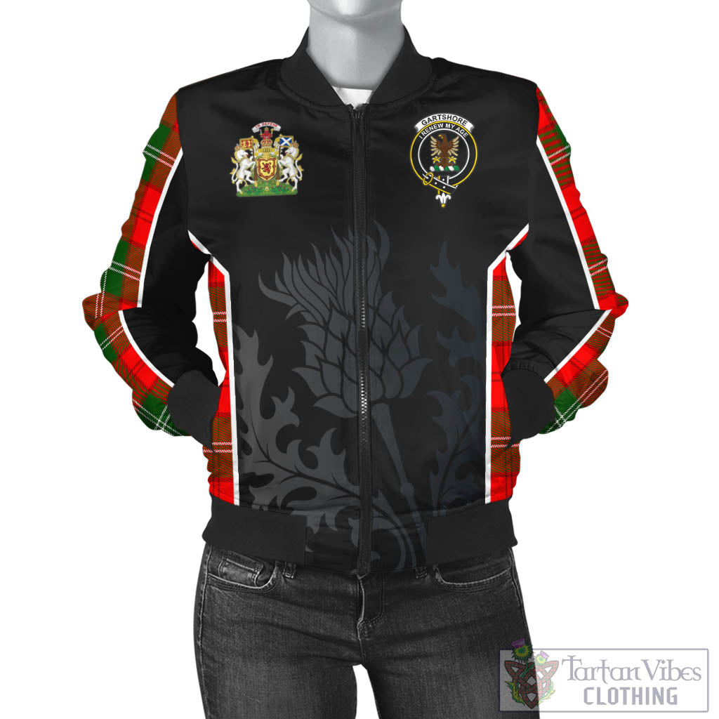 Tartan Vibes Clothing Gartshore Tartan Bomber Jacket with Family Crest and Scottish Thistle Vibes Sport Style