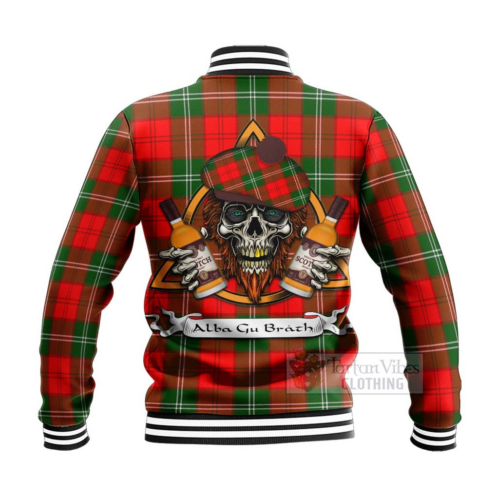 Tartan Vibes Clothing Gartshore Tartan Baseball Jacket with Family Crest and Bearded Skull Holding Bottles of Whiskey