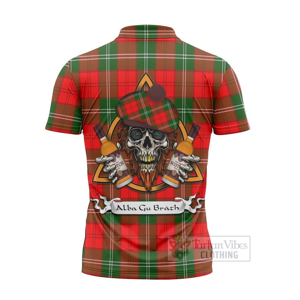 Tartan Vibes Clothing Gartshore Tartan Zipper Polo Shirt with Family Crest and Bearded Skull Holding Bottles of Whiskey