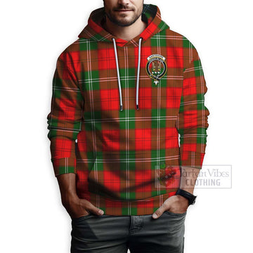 Gartshore Tartan Hoodie with Family Crest and Bearded Skull Holding Bottles of Whiskey