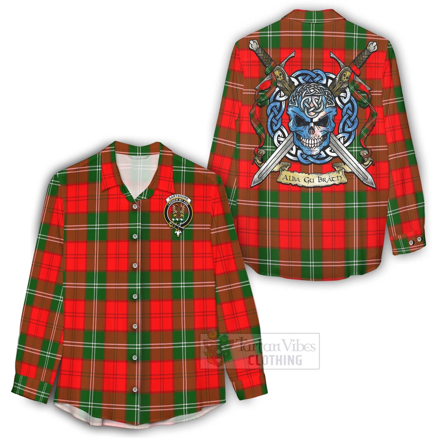 Tartan Vibes Clothing Gartshore Tartan Women's Casual Shirt with Family Crest Celtic Skull Style