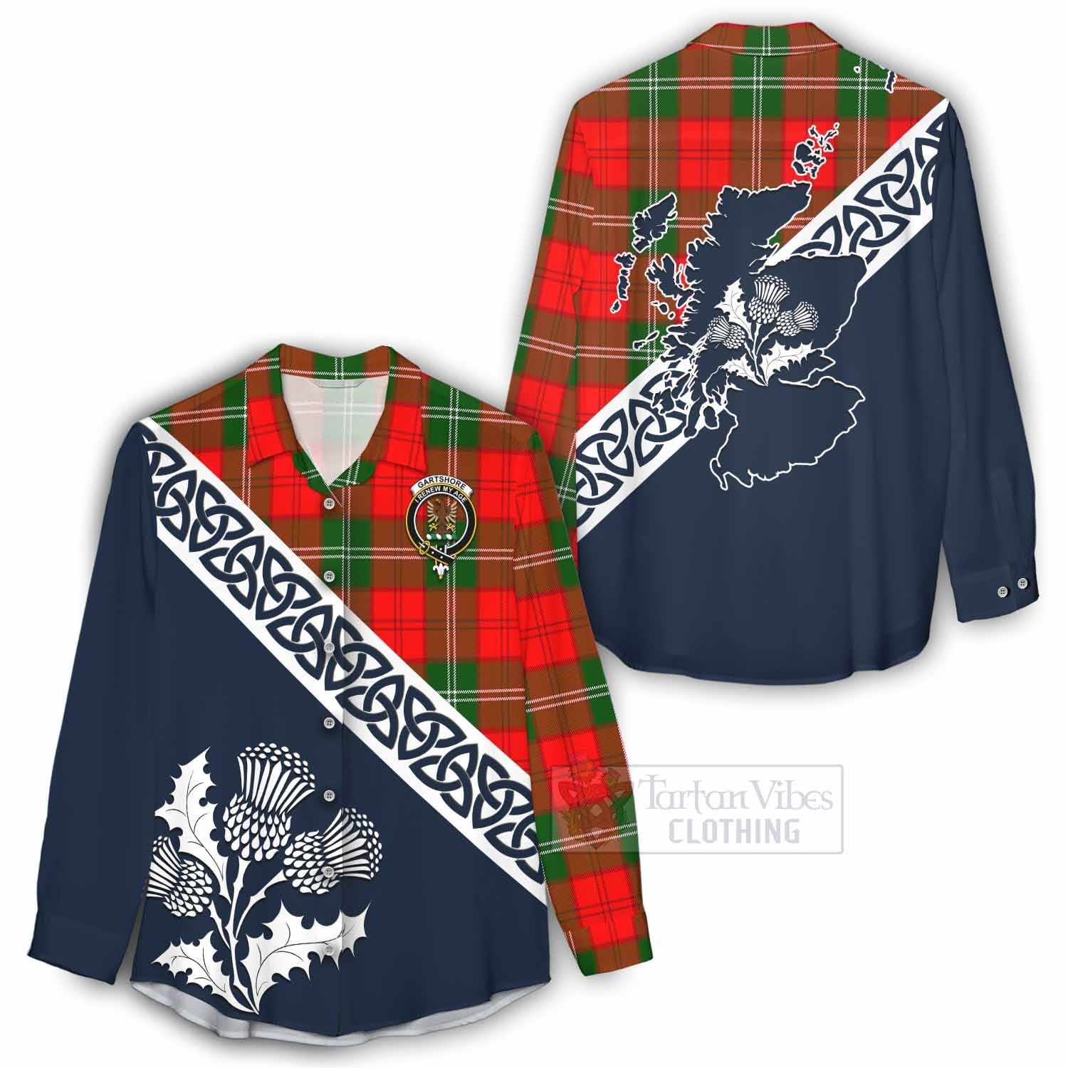 Tartan Vibes Clothing Gartshore Tartan Women's Casual Shirt Featuring Thistle and Scotland Map