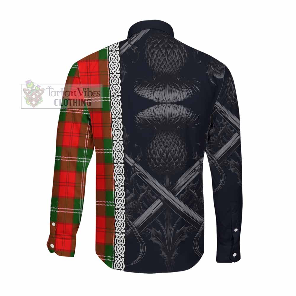 Gartshore Tartan Long Sleeve Button Shirt with Family Crest Cross Sword Thistle Celtic Vibes Men's Shirt - Tartan Vibes Clothing