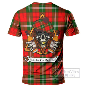 Gartshore Tartan T-Shirt with Family Crest and Bearded Skull Holding Bottles of Whiskey