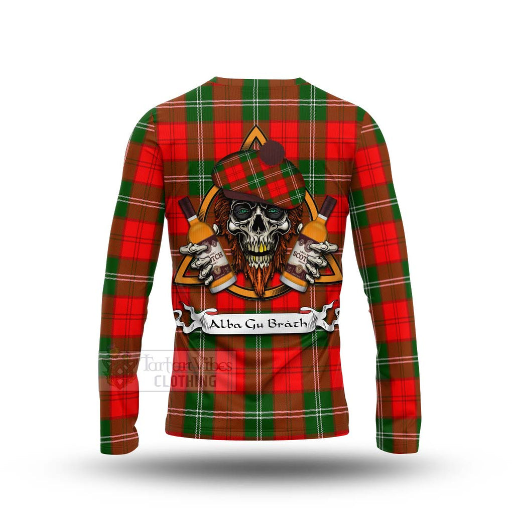 Tartan Vibes Clothing Gartshore Tartan Long Sleeve T-Shirt with Family Crest and Bearded Skull Holding Bottles of Whiskey