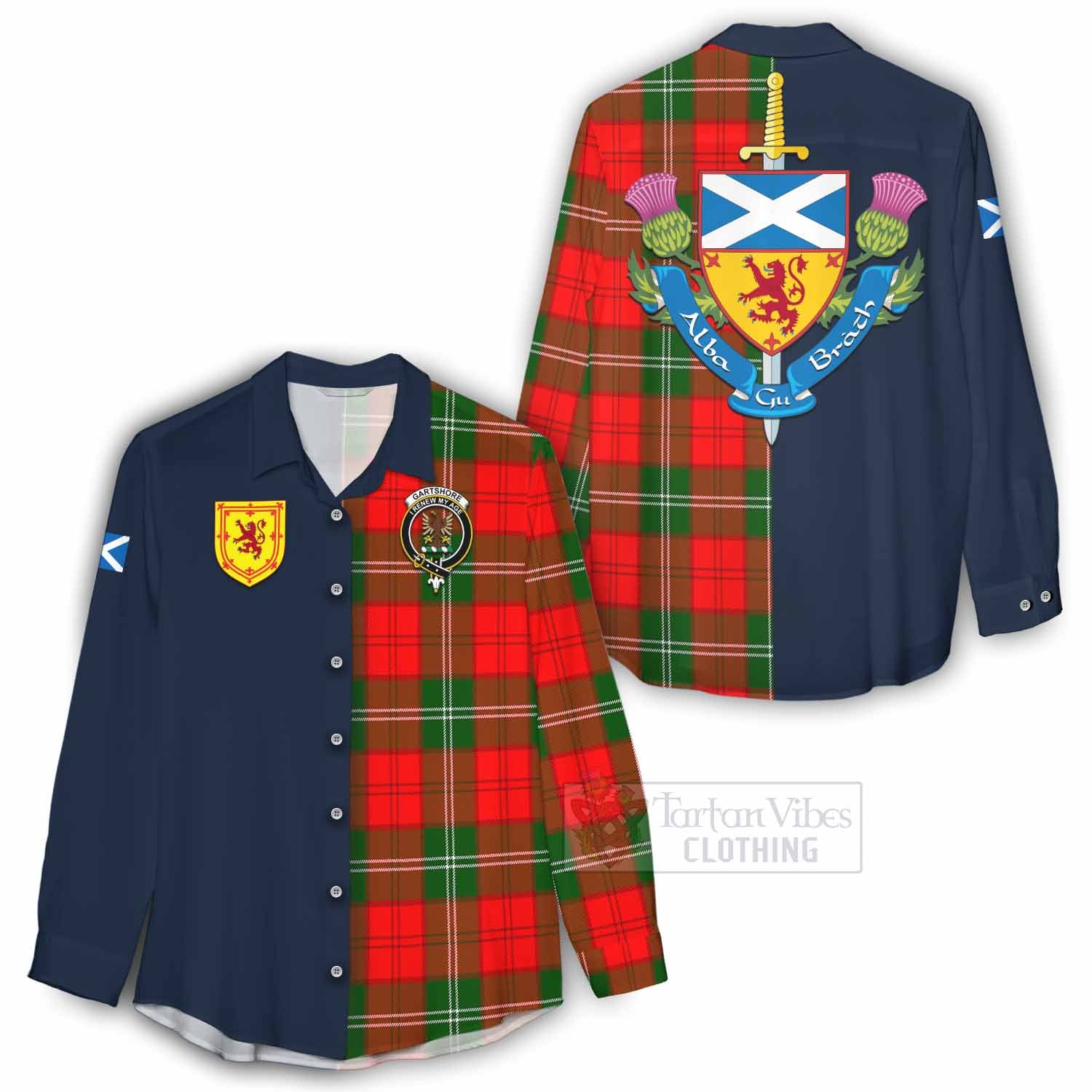 Tartan Vibes Clothing Gartshore Tartan Women's Casual Shirt Alba with Scottish Lion Royal Arm Half Style