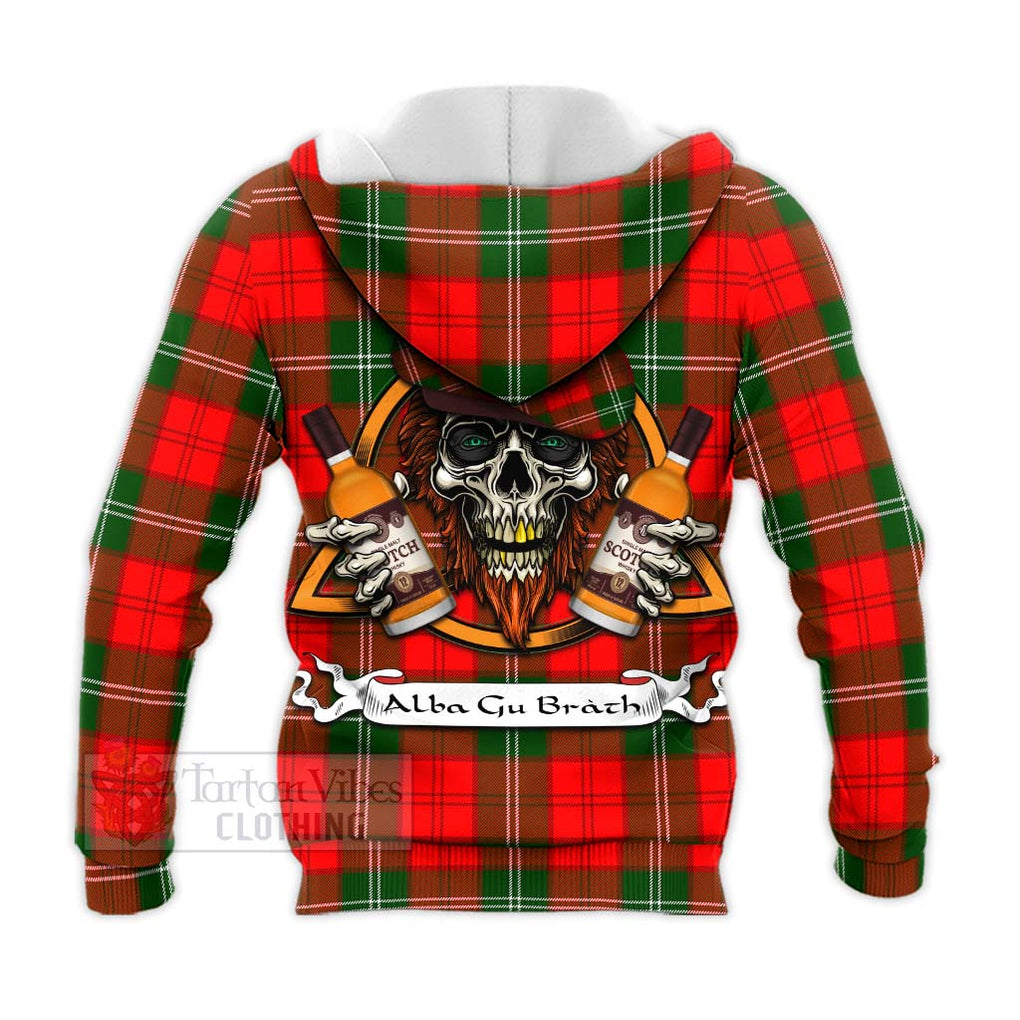 Tartan Vibes Clothing Gartshore Tartan Knitted Hoodie with Family Crest and Bearded Skull Holding Bottles of Whiskey