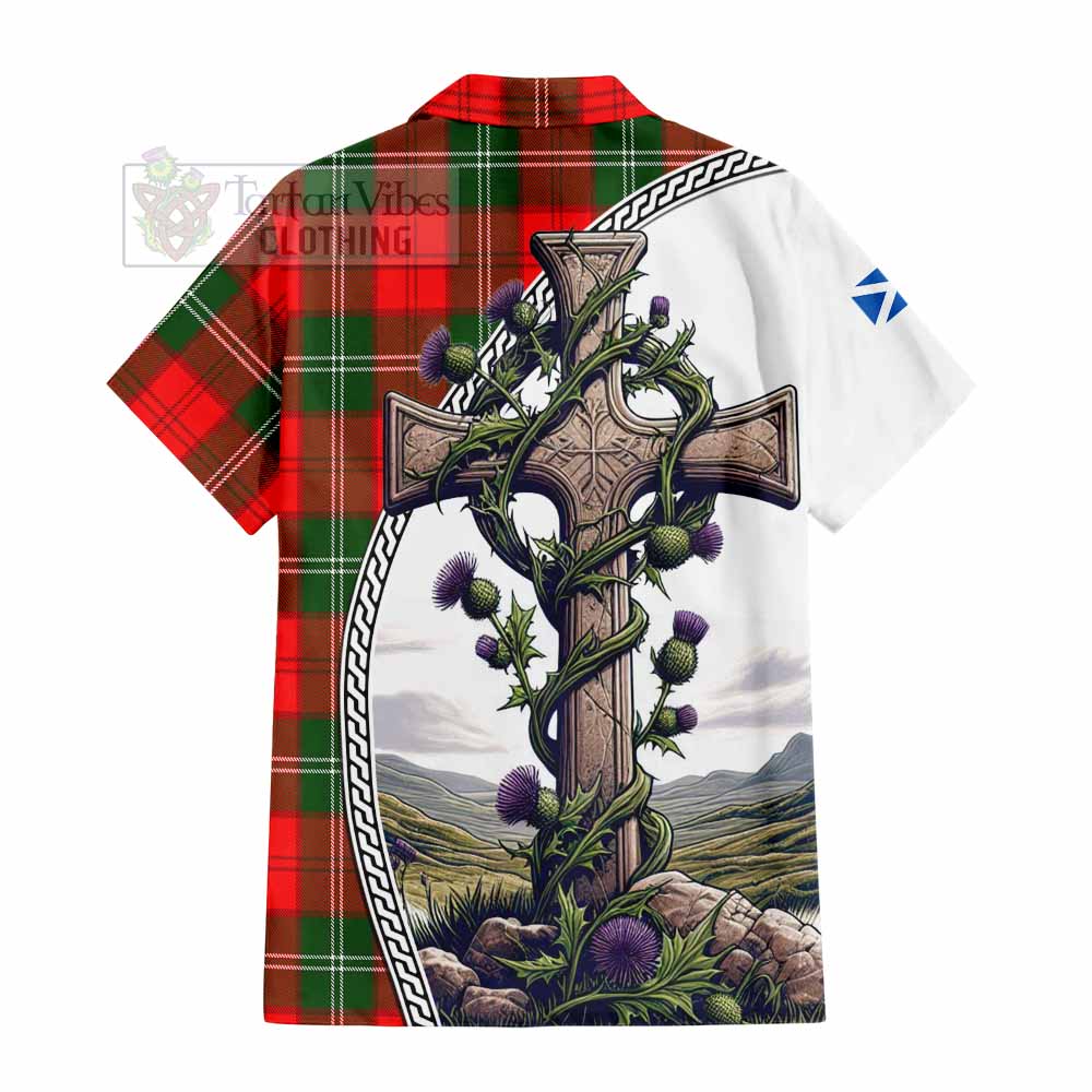 Tartan Vibes Clothing Gartshore Tartan Short Sleeve Button Shirt with Family Crest and St. Andrew's Cross Accented by Thistle Vines