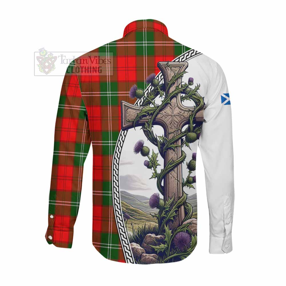 Tartan Vibes Clothing Gartshore Tartan Long Sleeve Button Shirt with Family Crest and St. Andrew's Cross Accented by Thistle Vines