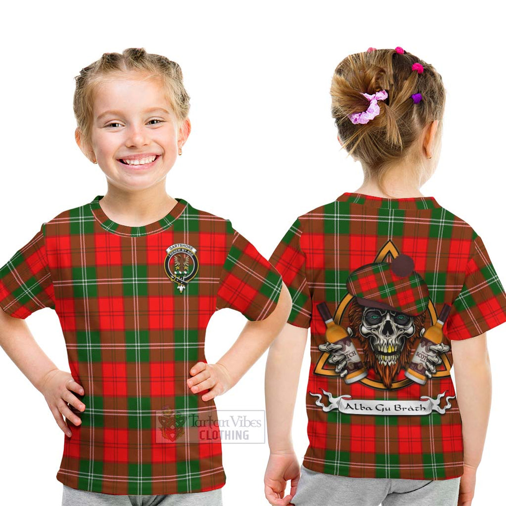 Tartan Vibes Clothing Gartshore Tartan Kid T-Shirt with Family Crest and Bearded Skull Holding Bottles of Whiskey