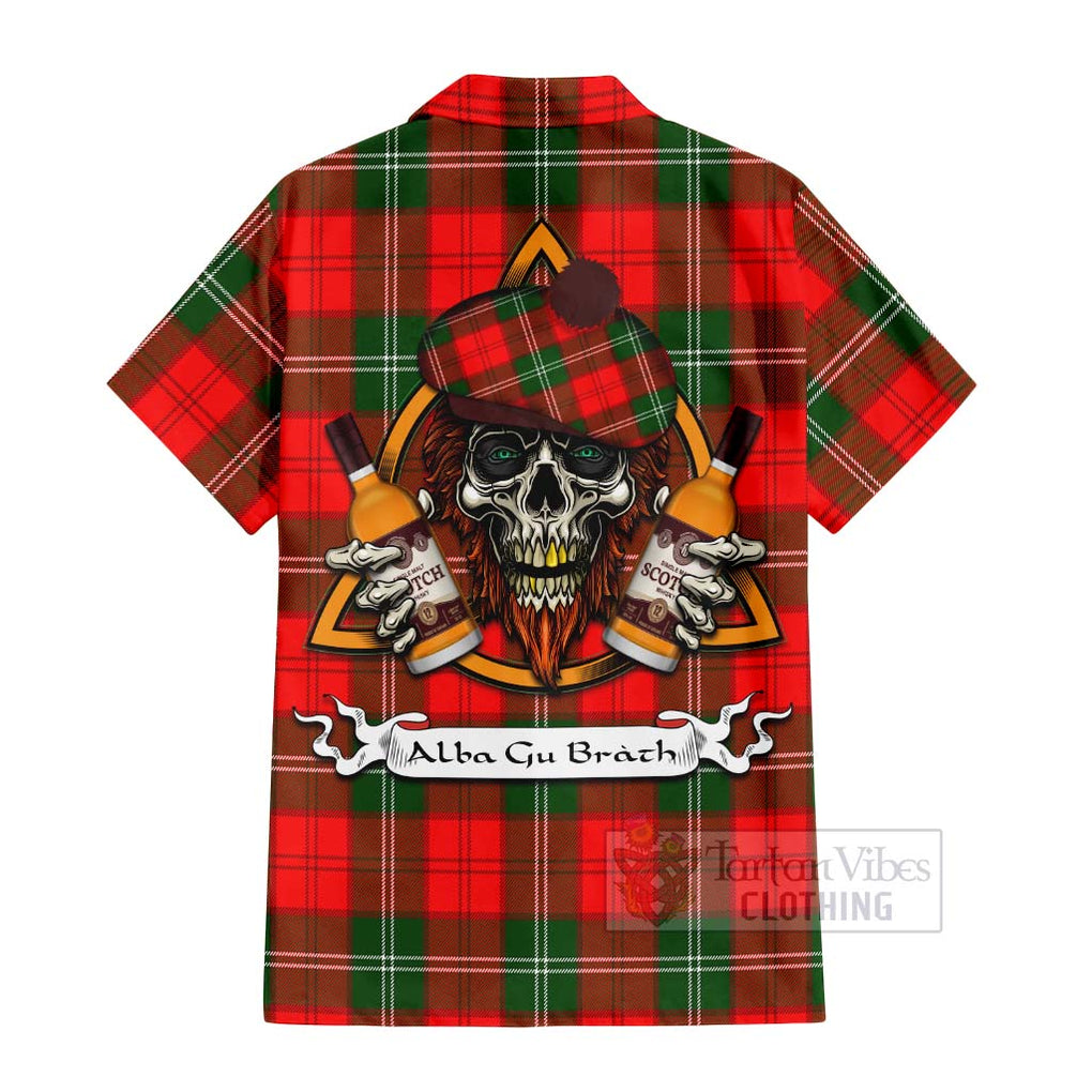 Tartan Vibes Clothing Gartshore Tartan Short Sleeve Button Shirt with Family Crest and Bearded Skull Holding Bottles of Whiskey