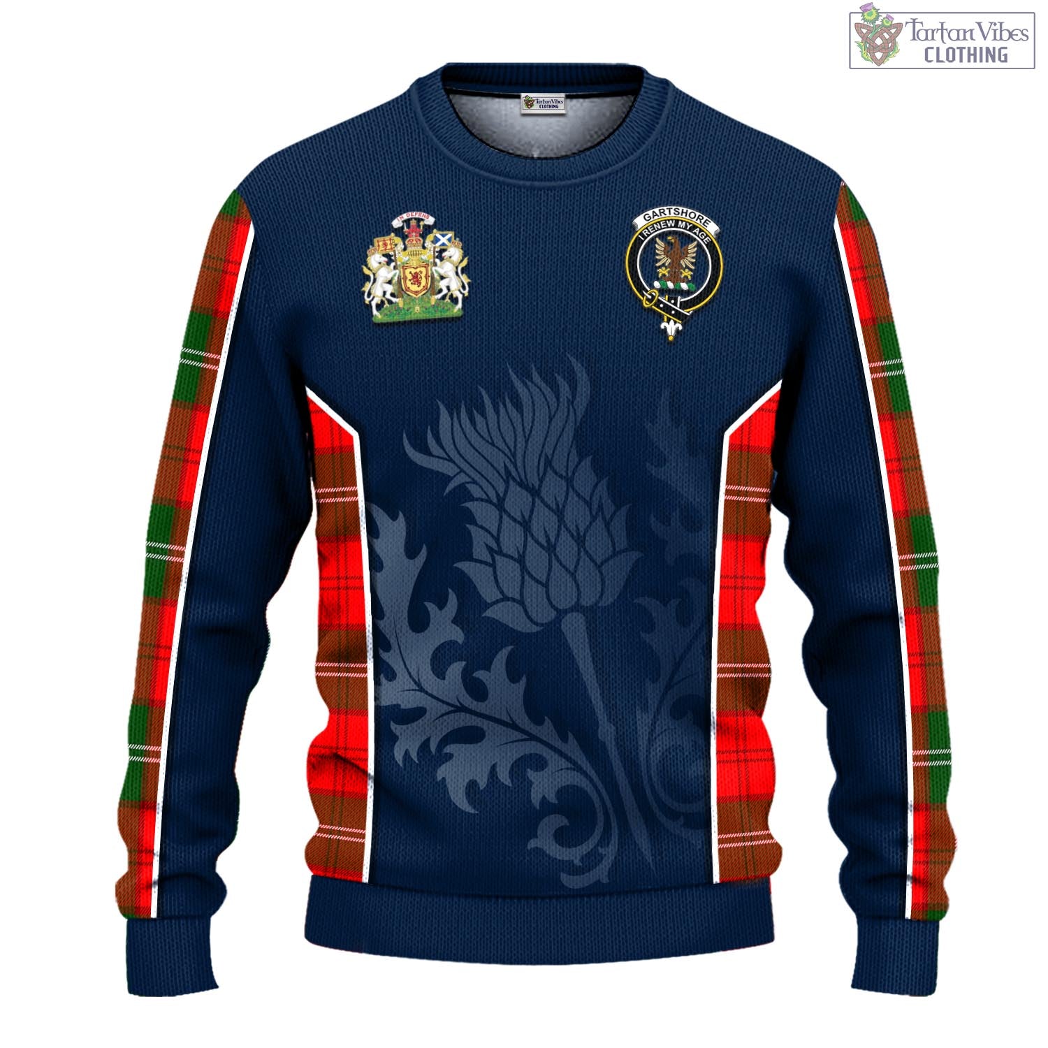 Tartan Vibes Clothing Gartshore Tartan Knitted Sweatshirt with Family Crest and Scottish Thistle Vibes Sport Style