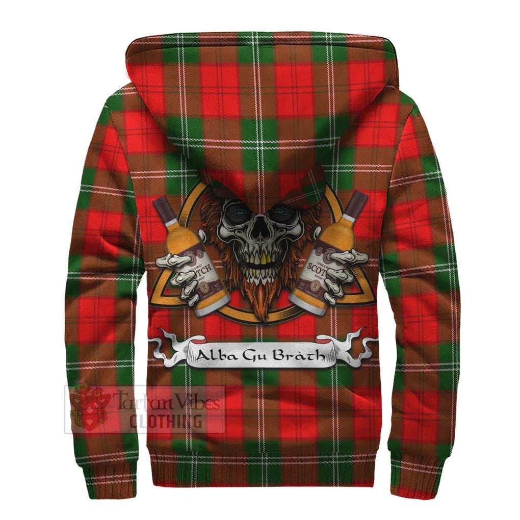 Tartan Vibes Clothing Gartshore Tartan Sherpa Hoodie with Family Crest and Bearded Skull Holding Bottles of Whiskey