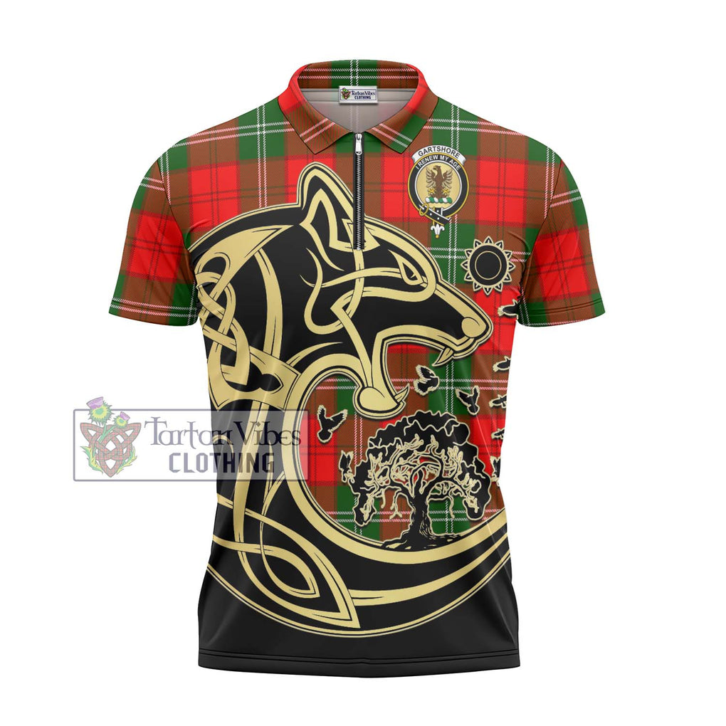 Gartshore Tartan Zipper Polo Shirt with Family Crest Celtic Wolf Style - Tartanvibesclothing Shop