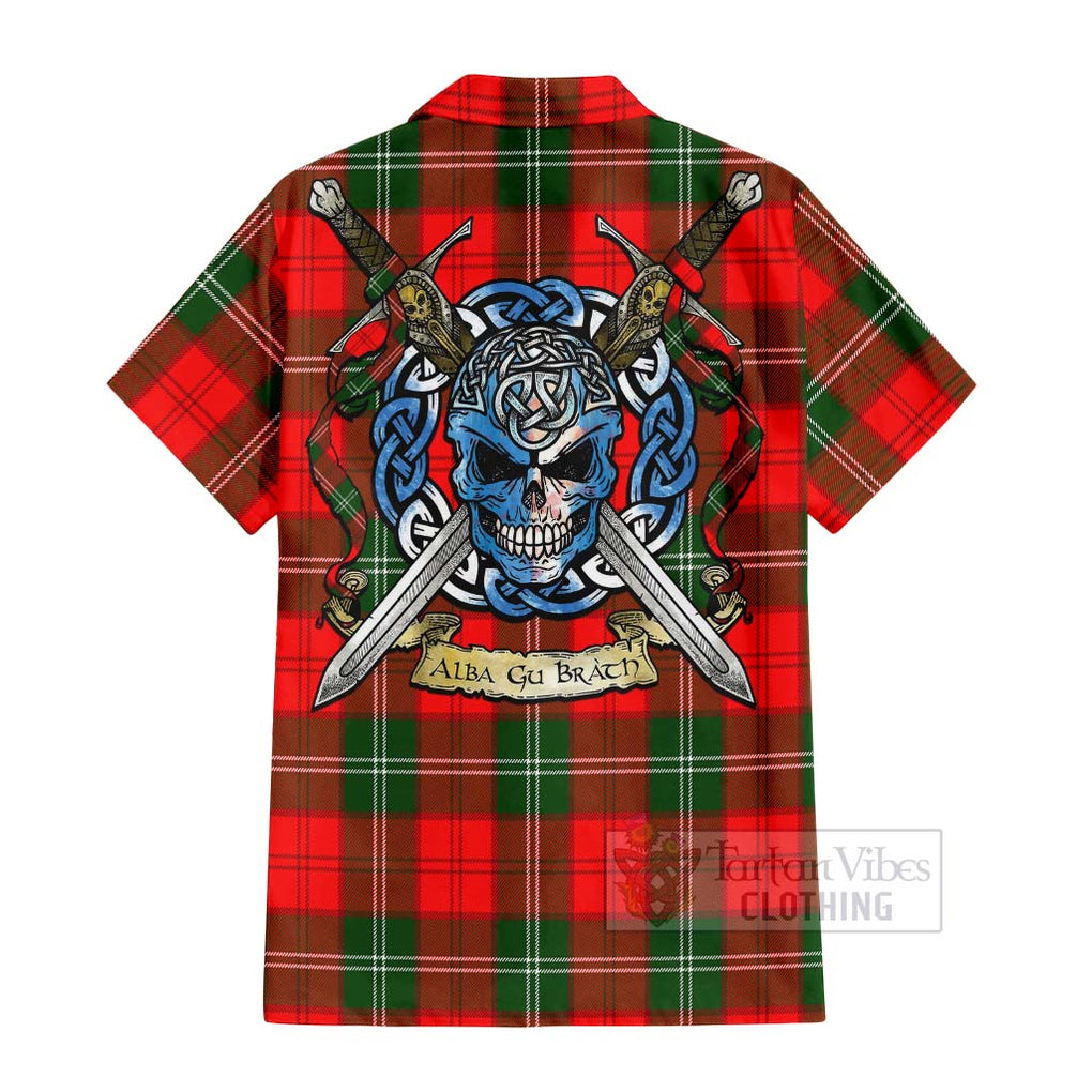 Tartan Vibes Clothing Gartshore Tartan Short Sleeve Button Shirt with Family Crest Celtic Skull Style