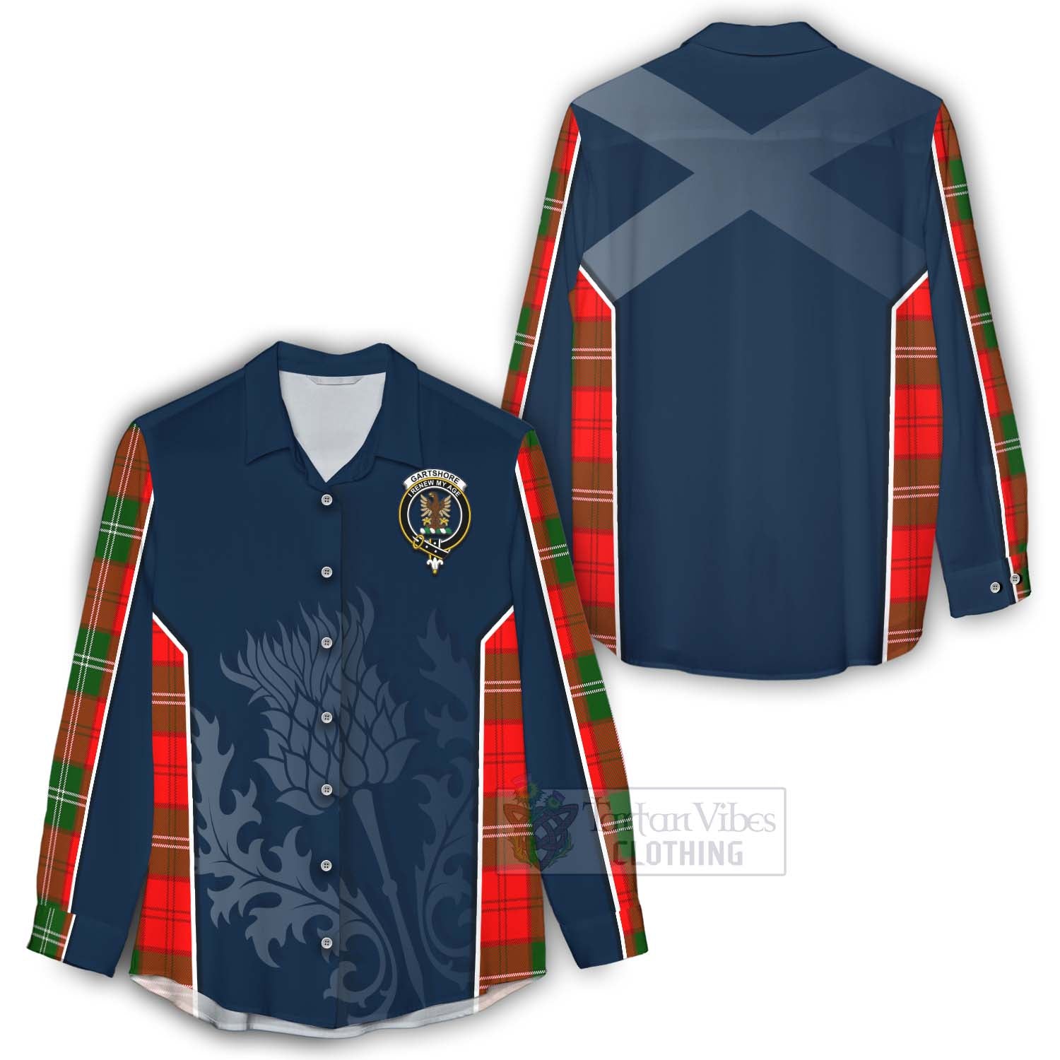 Tartan Vibes Clothing Gartshore Tartan Women's Casual Shirt with Family Crest and Scottish Thistle Vibes Sport Style