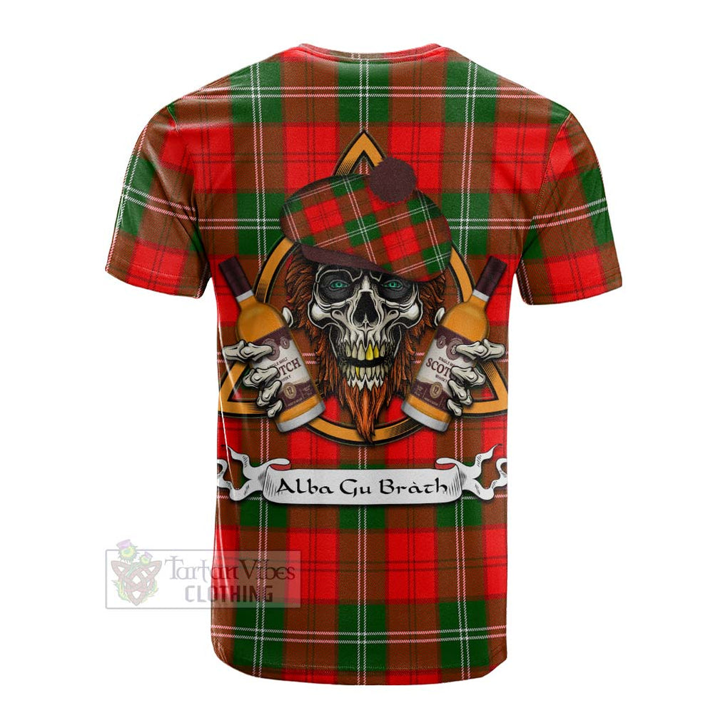 Tartan Vibes Clothing Gartshore Tartan Cotton T-shirt with Family Crest and Bearded Skull Holding Bottles of Whiskey