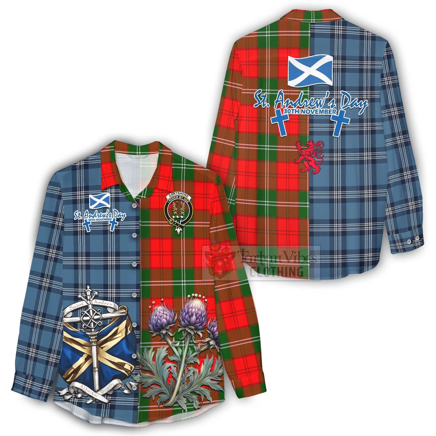 Tartan Vibes Clothing Gartshore Tartan Women's Casual Shirt Happy St. Andrew's Day Half Tartan Style