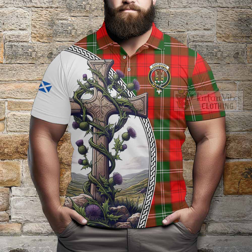 Tartan Vibes Clothing Gartshore Tartan Polo Shirt with Family Crest and St. Andrew's Cross Accented by Thistle Vines