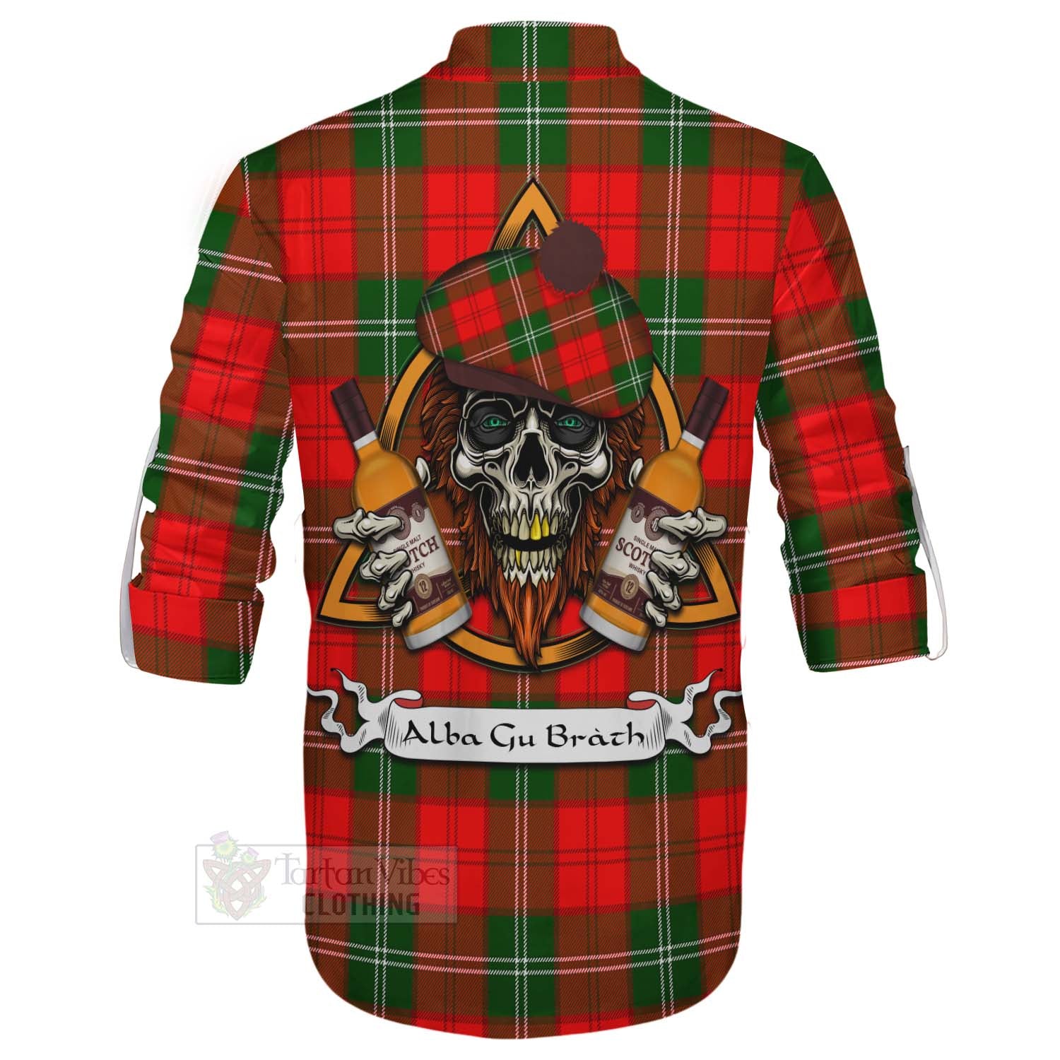 Tartan Vibes Clothing Gartshore Tartan Ghillie Kilt Shirt with Family Crest and Bearded Skull Holding Bottles of Whiskey