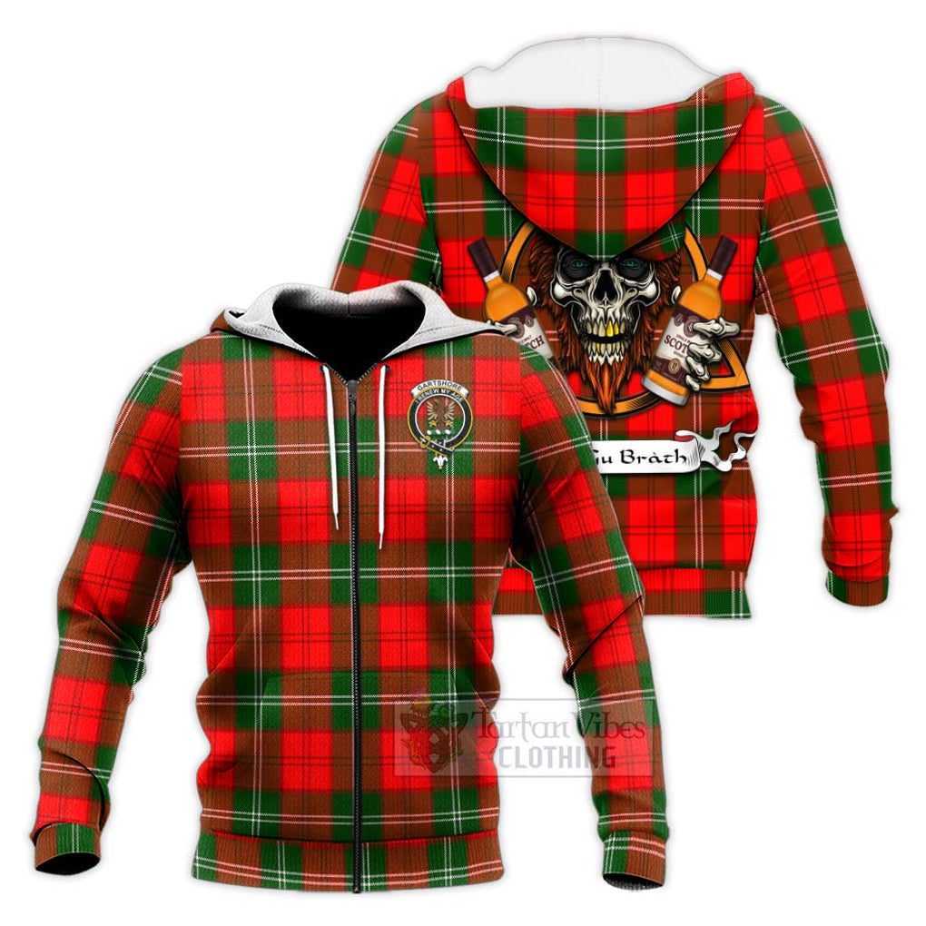 Tartan Vibes Clothing Gartshore Tartan Knitted Hoodie with Family Crest and Bearded Skull Holding Bottles of Whiskey