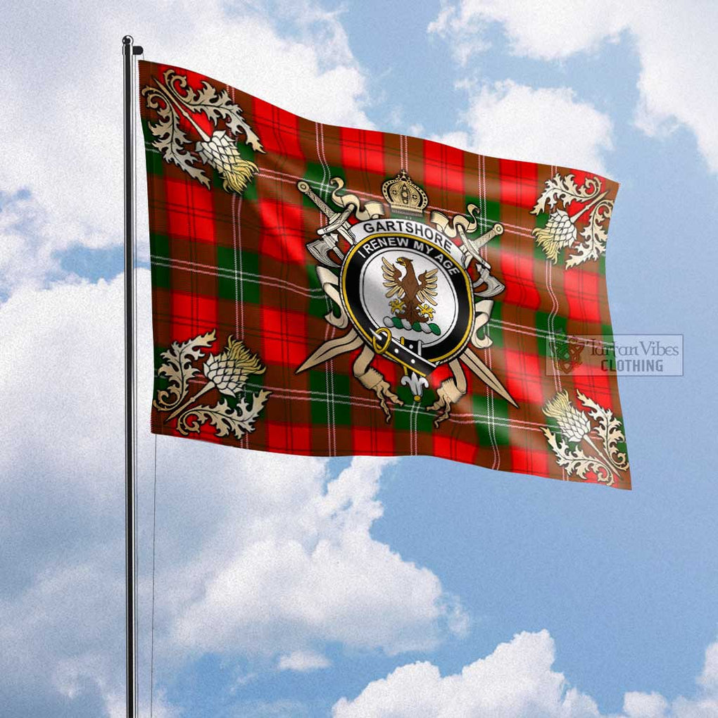 Tartan Vibes Clothing Gartshore Tartan Flag with Family Crest and Golden Thistle Crossed Sword Design