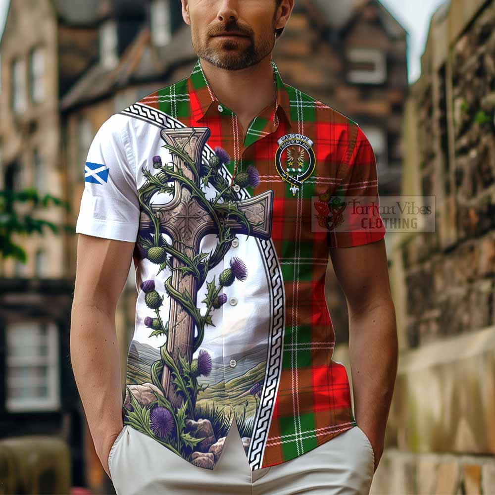 Tartan Vibes Clothing Gartshore Tartan Short Sleeve Button Shirt with Family Crest and St. Andrew's Cross Accented by Thistle Vines