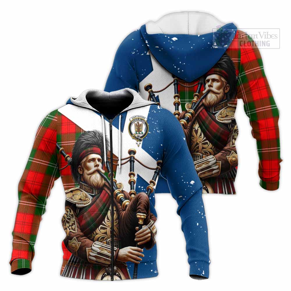 Tartan Vibes Clothing Gartshore Tartan Knitted Hoodie with Family Crest Scottish Bagpiper Vibes