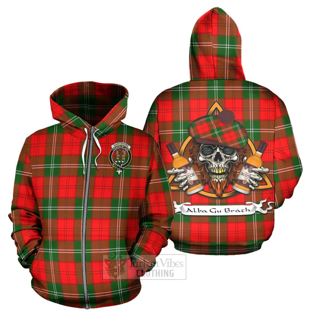 Tartan Vibes Clothing Gartshore Tartan Hoodie with Family Crest and Bearded Skull Holding Bottles of Whiskey