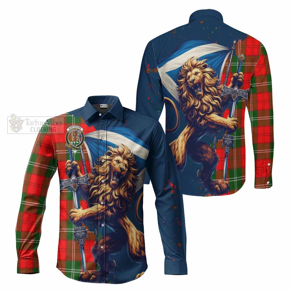 Tartan Vibes Clothing Gartshore Tartan Family Crest Long Sleeve Button Shirt with Scottish Majestic Lion