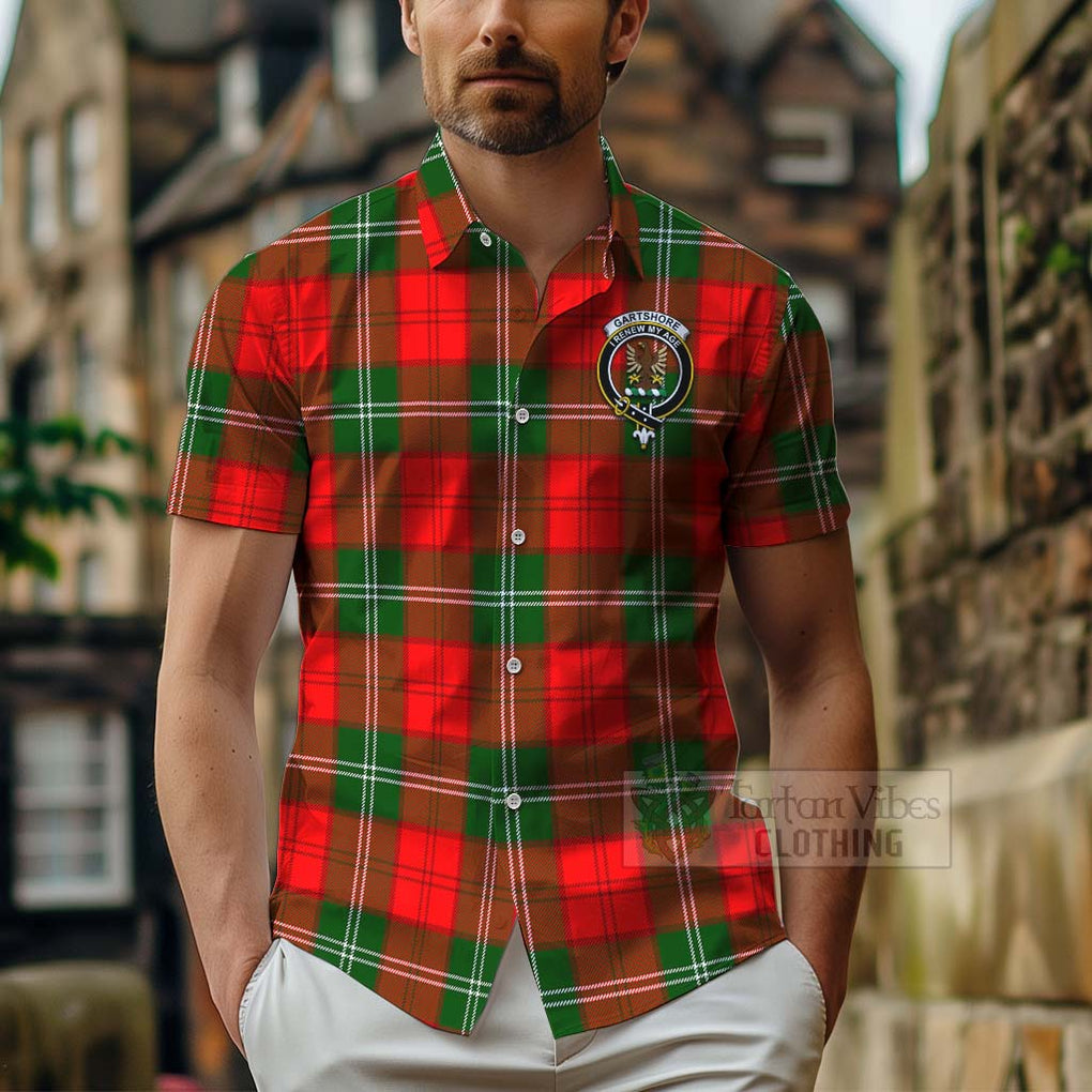 Tartan Vibes Clothing Gartshore Tartan Short Sleeve Button Shirt with Family Crest Celtic Skull Style