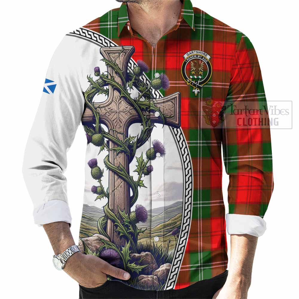 Tartan Vibes Clothing Gartshore Tartan Long Sleeve Button Shirt with Family Crest and St. Andrew's Cross Accented by Thistle Vines