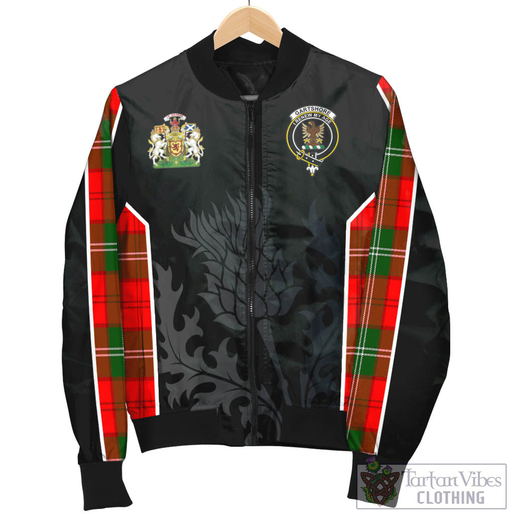 Tartan Vibes Clothing Gartshore Tartan Bomber Jacket with Family Crest and Scottish Thistle Vibes Sport Style