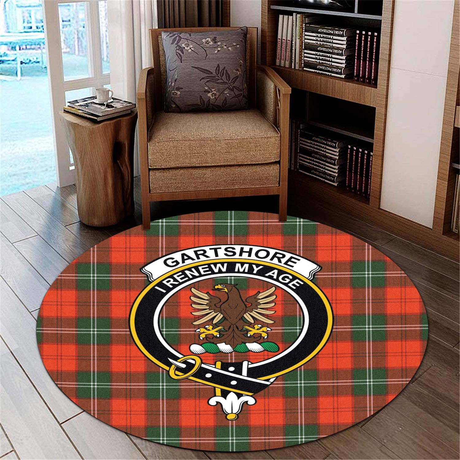 gartshore-tartan-round-rug-with-family-crest