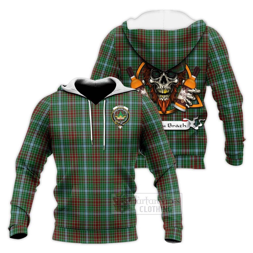 Tartan Vibes Clothing Gayre Tartan Knitted Hoodie with Family Crest and Bearded Skull Holding Bottles of Whiskey