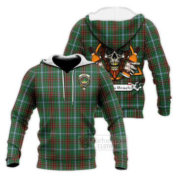 Gayre Tartan Knitted Hoodie with Family Crest and Bearded Skull Holding Bottles of Whiskey