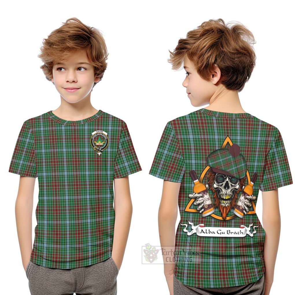 Tartan Vibes Clothing Gayre Tartan Kid T-Shirt with Family Crest and Bearded Skull Holding Bottles of Whiskey