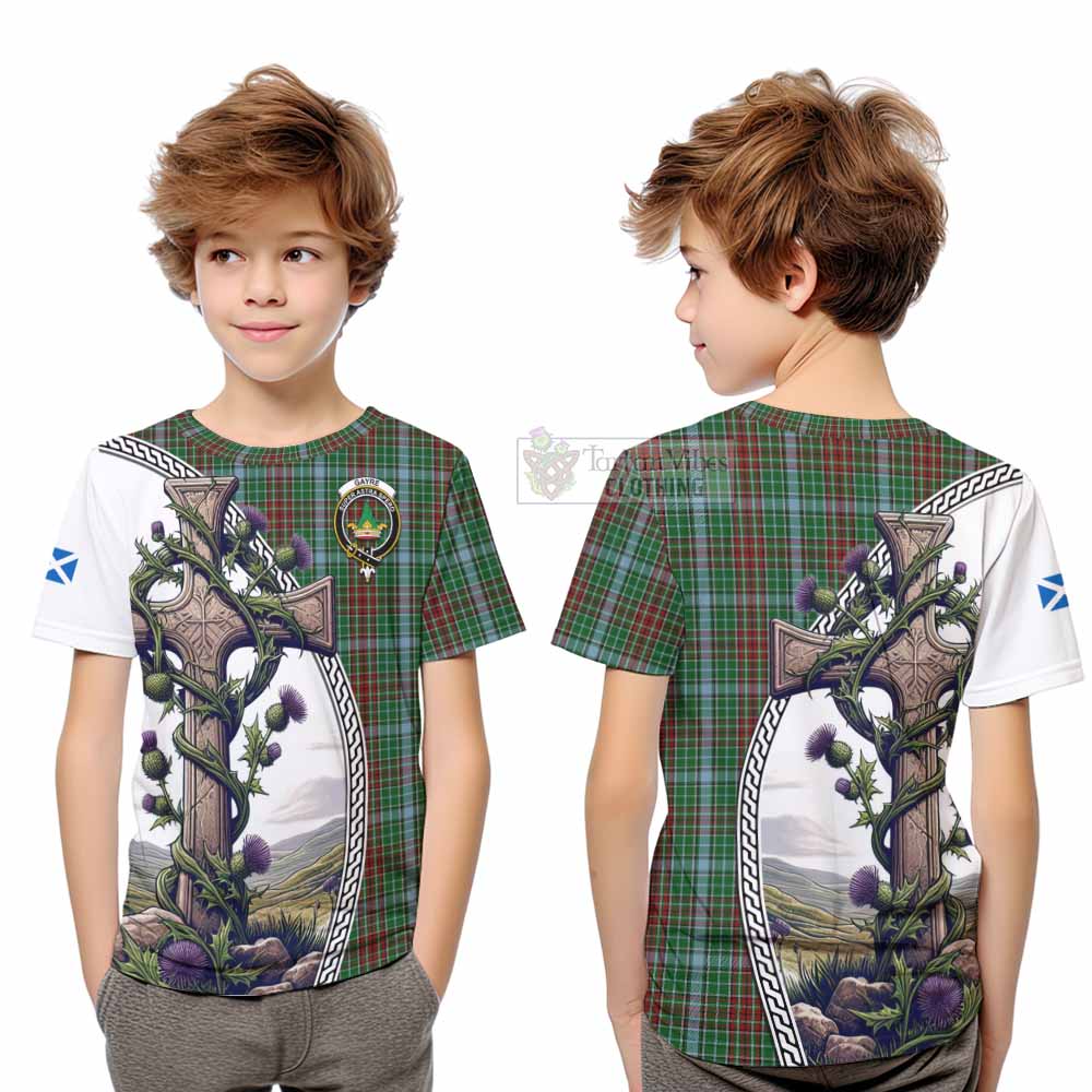 Tartan Vibes Clothing Gayre Tartan Kid T-Shirt with Family Crest and St. Andrew's Cross Accented by Thistle Vines