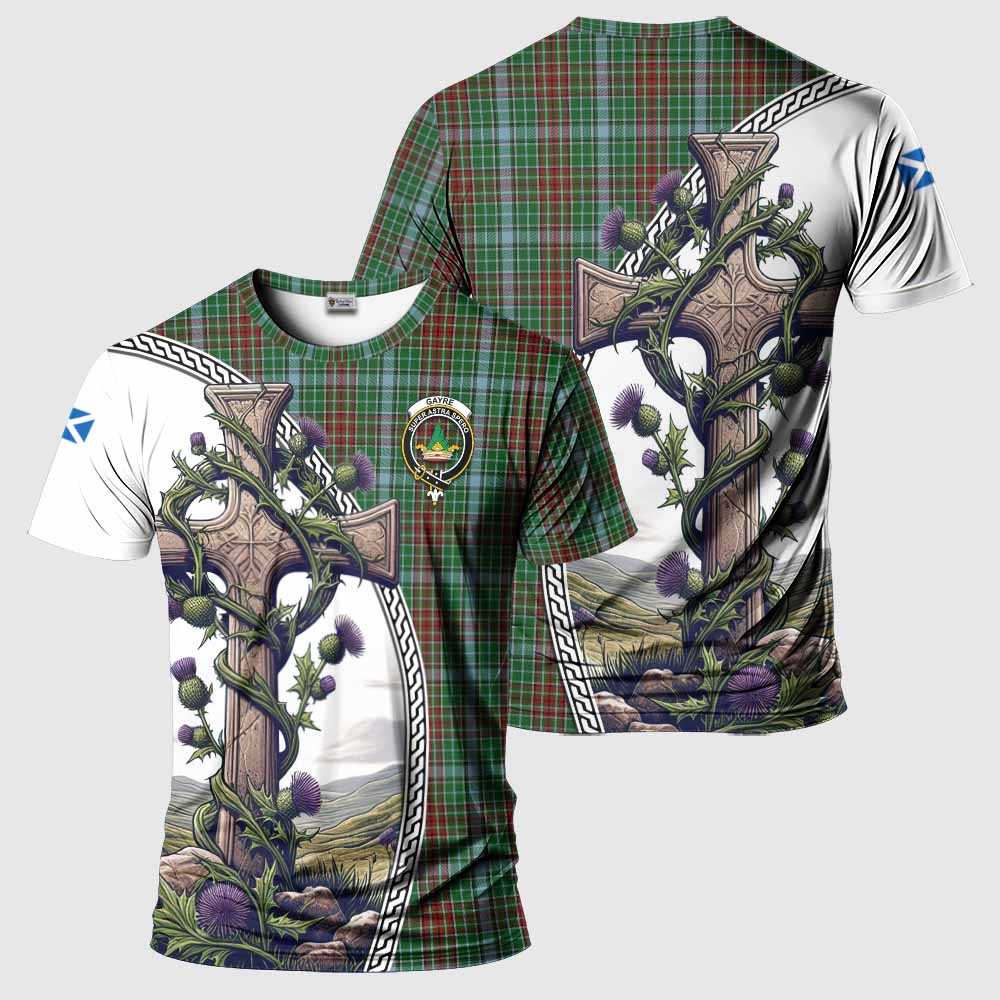 Tartan Vibes Clothing Gayre Agnew Tartan T-Shirt with Family Crest and St. Andrew's Cross Accented by Thistle Vines