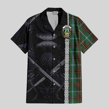 Gayre Tartan Short Sleeve Button Shirt with Family Crest Cross Sword Thistle Celtic Vibes