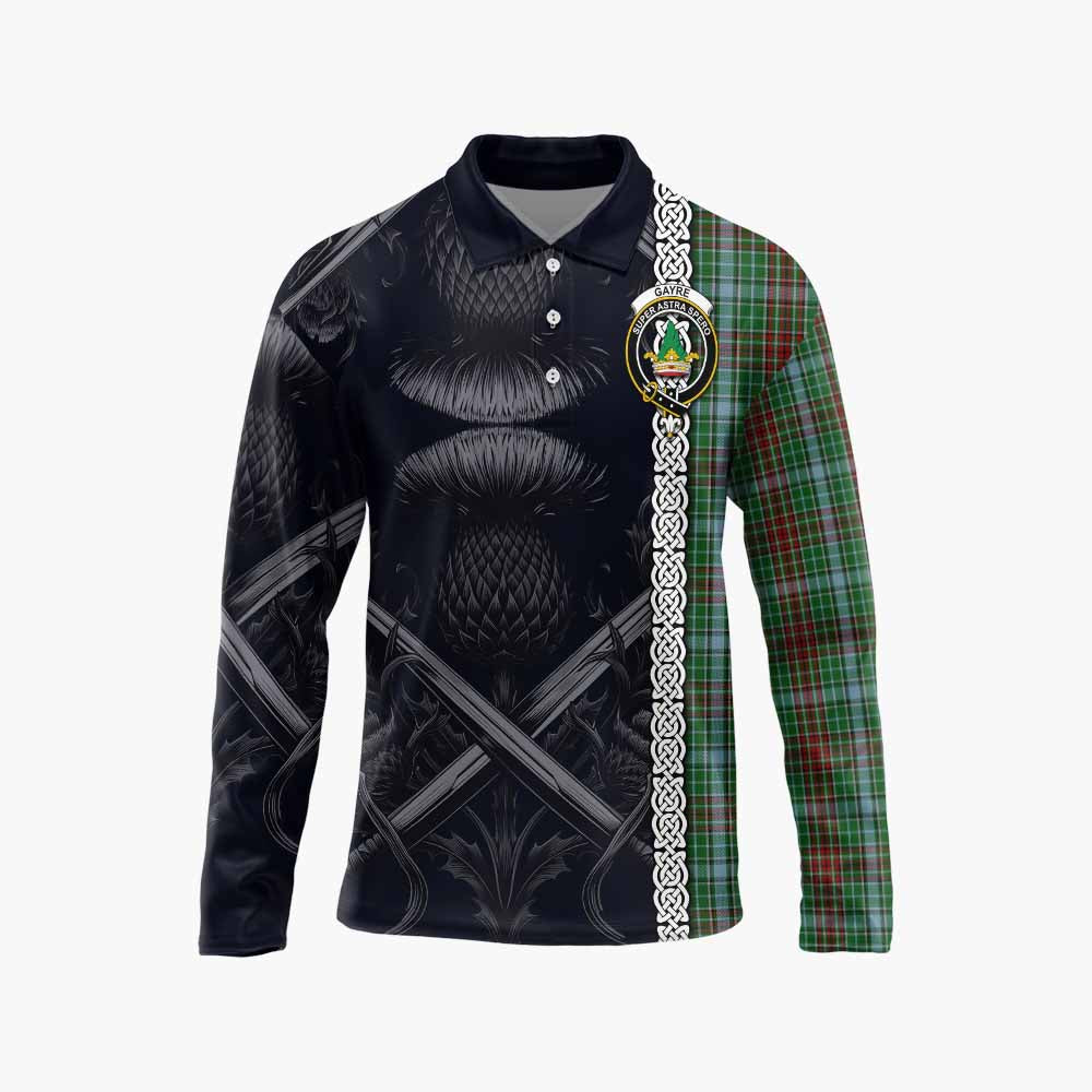 Tartan Vibes Clothing Gayre Tartan Long Sleeve Polo Shirt with Family Crest Cross Sword Thistle Celtic Vibes