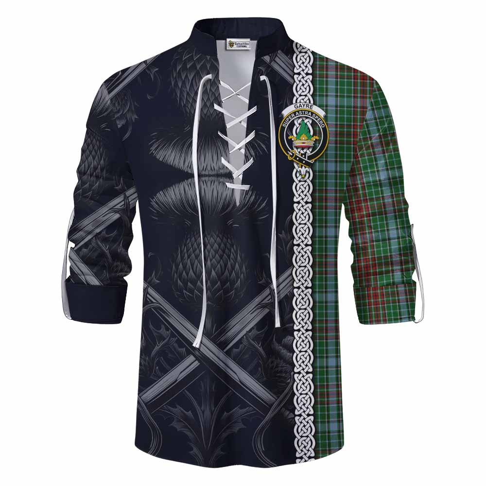 Tartan Vibes Clothing Gayre Tartan Ghillie Kilt Shirt with Family Crest Cross Sword Thistle Celtic Vibes