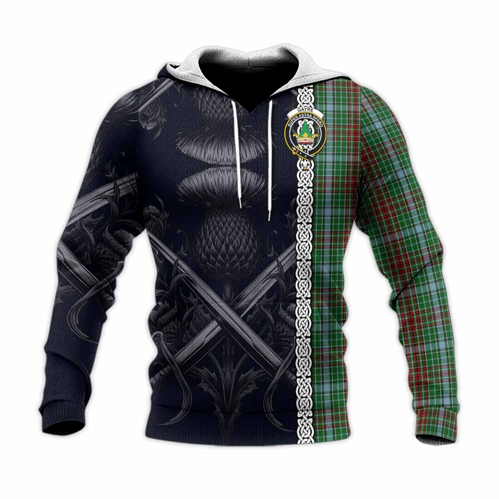 Tartan Vibes Clothing Gayre Tartan Knitted Hoodie with Family Crest Cross Sword Thistle Celtic Vibes