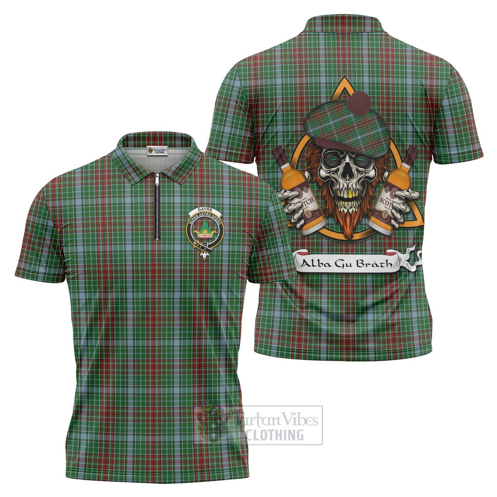 Tartan Vibes Clothing Gayre Tartan Zipper Polo Shirt with Family Crest and Bearded Skull Holding Bottles of Whiskey