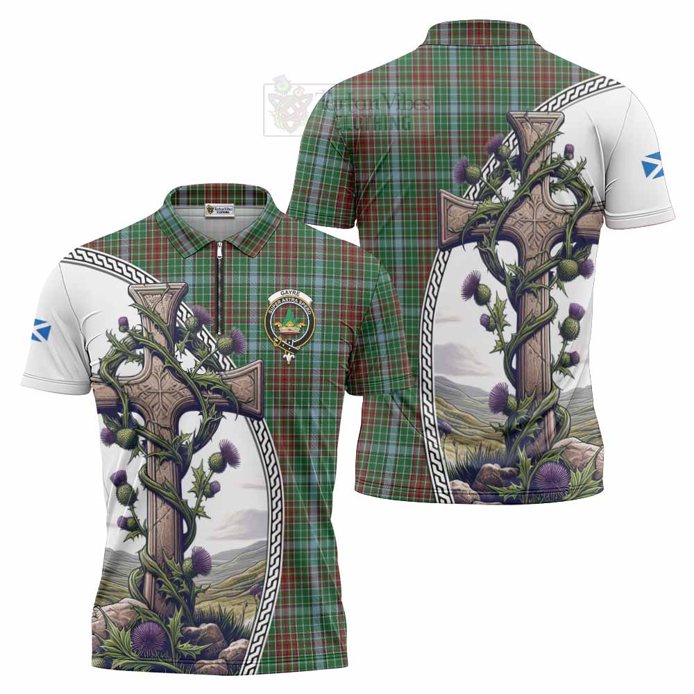 Tartan Vibes Clothing Gayre Tartan Zipper Polo Shirt with Family Crest and St. Andrew's Cross Accented by Thistle Vines