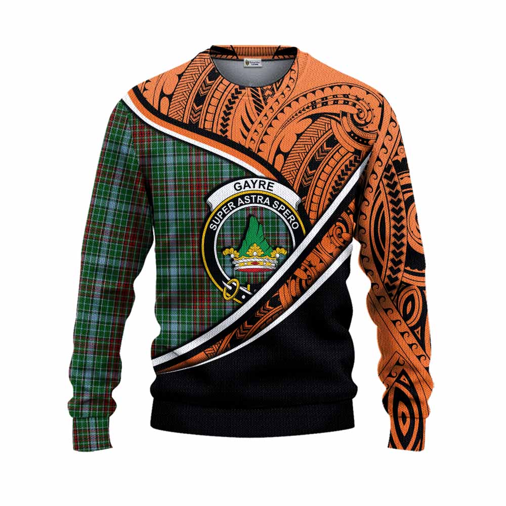 Tartan Vibes Clothing Gayre Crest Tartan Knitted Sweater with Maori Tattoo Style - Orange Version